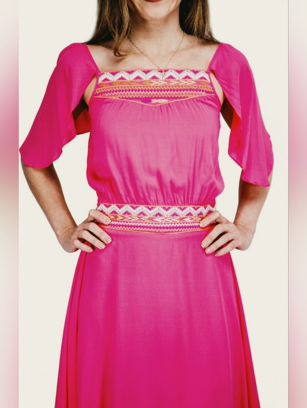 Vertigo Fuchsia Embroidered Cold-Shoulder Midi Dress